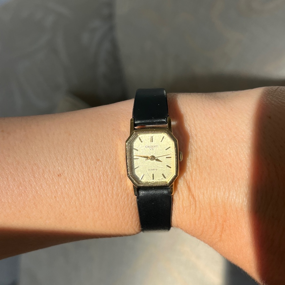 Orient Gold-Tone Watch with Black Leather Strap